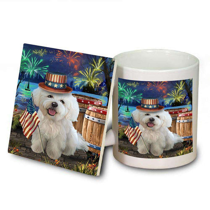 4th of July Independence Day Fireworks Bichon Frise Dog at the Lake Mug and Coaster Set MUC50923