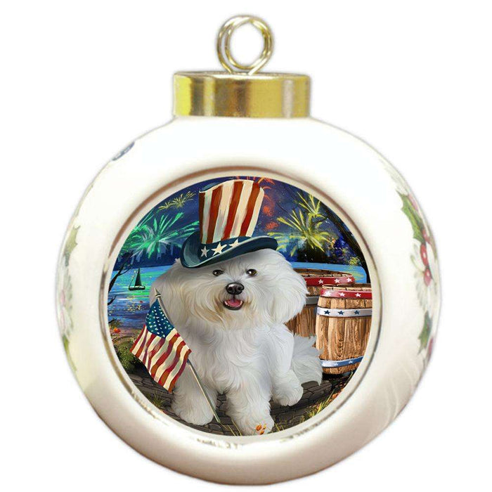 4th of July Independence Day Fireworks Bichon Frise Dog at the Lake Round Ball Christmas Ornament RBPOR50927