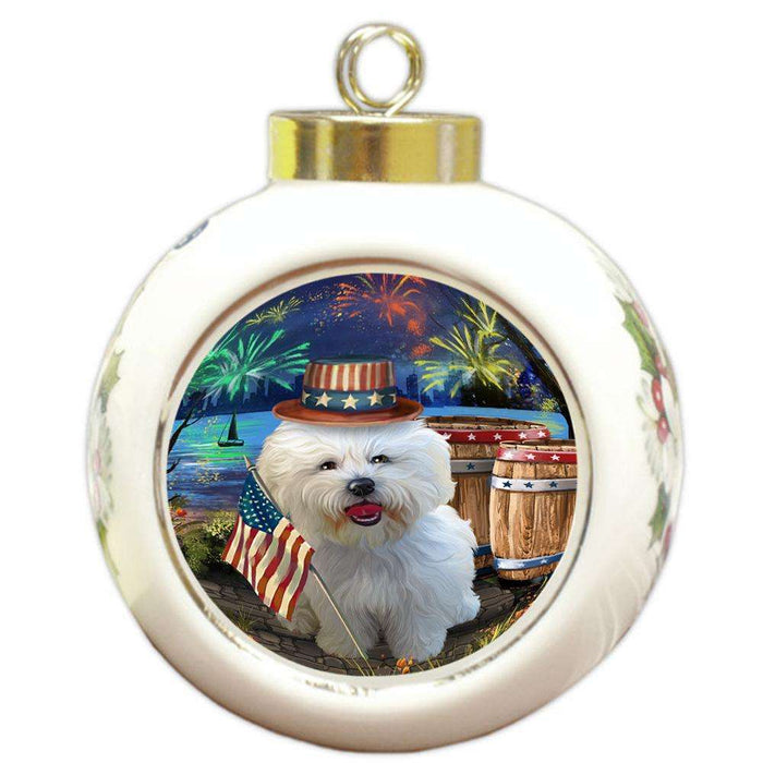 4th of July Independence Day Fireworks Bichon Frise Dog at the Lake Round Ball Christmas Ornament RBPOR50928