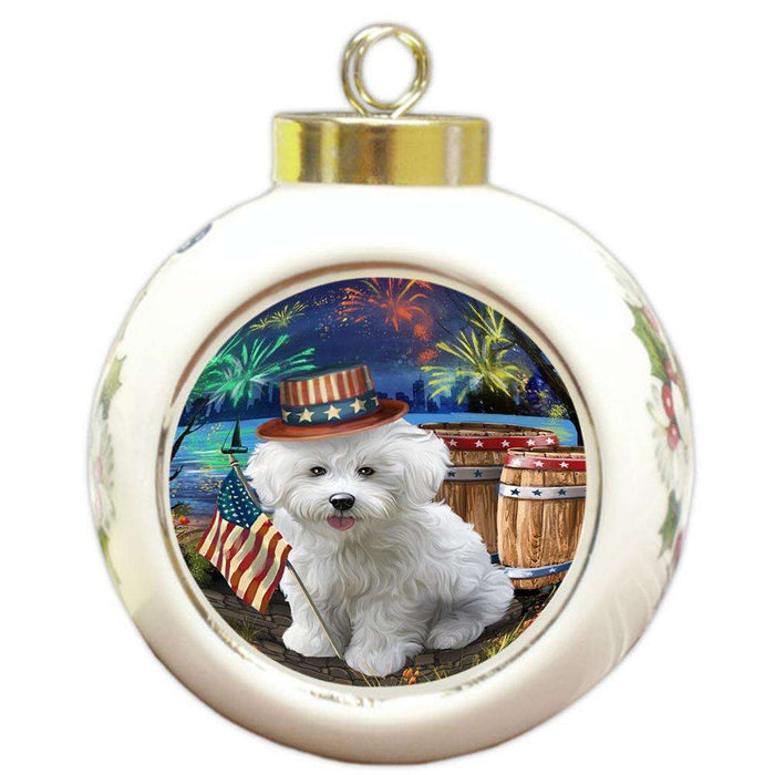 4th of July Independence Day Fireworks Bichon Frise Dog at the Lake Round Ball Christmas Ornament RBPOR50929