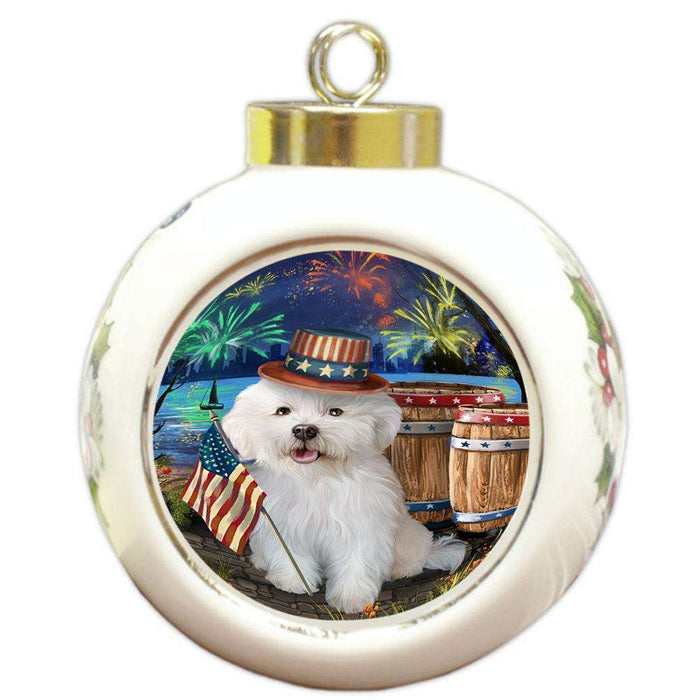 4th of July Independence Day Fireworks Bichon Frise Dog at the Lake Round Ball Christmas Ornament RBPOR50930