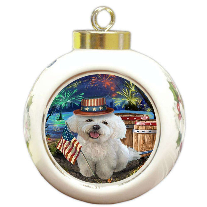 4th of July Independence Day Fireworks Bichon Frise Dog at the Lake Round Ball Christmas Ornament RBPOR50931