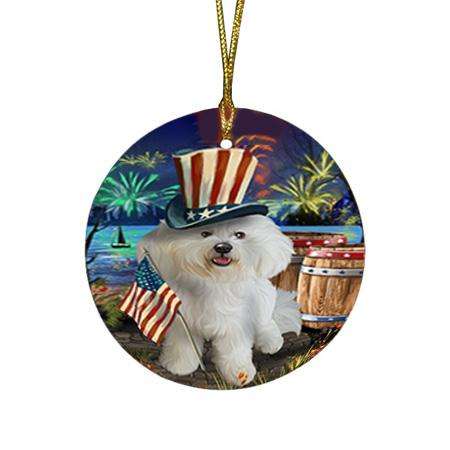 4th of July Independence Day Fireworks Bichon Frise Dog at the Lake Round Flat Christmas Ornament RFPOR50918