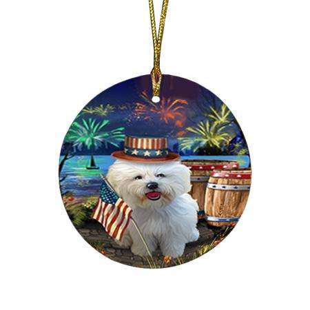 4th of July Independence Day Fireworks Bichon Frise Dog at the Lake Round Flat Christmas Ornament RFPOR50919