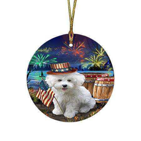 4th of July Independence Day Fireworks Bichon Frise Dog at the Lake Round Flat Christmas Ornament RFPOR50920