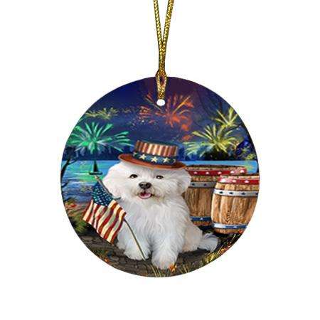 4th of July Independence Day Fireworks Bichon Frise Dog at the Lake Round Flat Christmas Ornament RFPOR50921