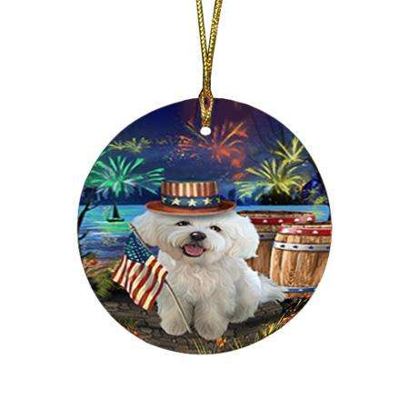 4th of July Independence Day Fireworks Bichon Frise Dog at the Lake Round Flat Christmas Ornament RFPOR50922