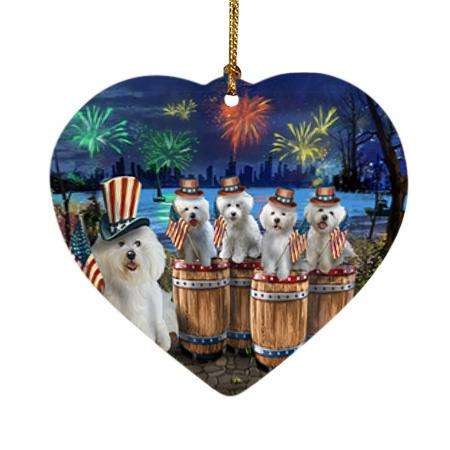 4th of July Independence Day Fireworks Bichon Frises at the Lake Heart Christmas Ornament HPOR51014