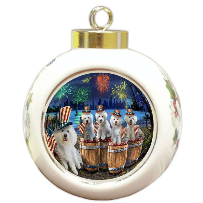 4th of July Independence Day Fireworks Bichon Frises at the Lake Round Ball Christmas Ornament RBPOR51014