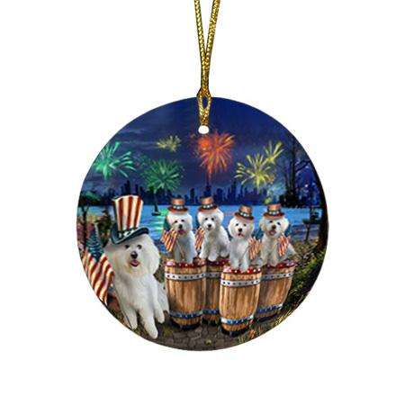 4th of July Independence Day Fireworks Bichon Frises at the Lake Round Flat Christmas Ornament RFPOR51005