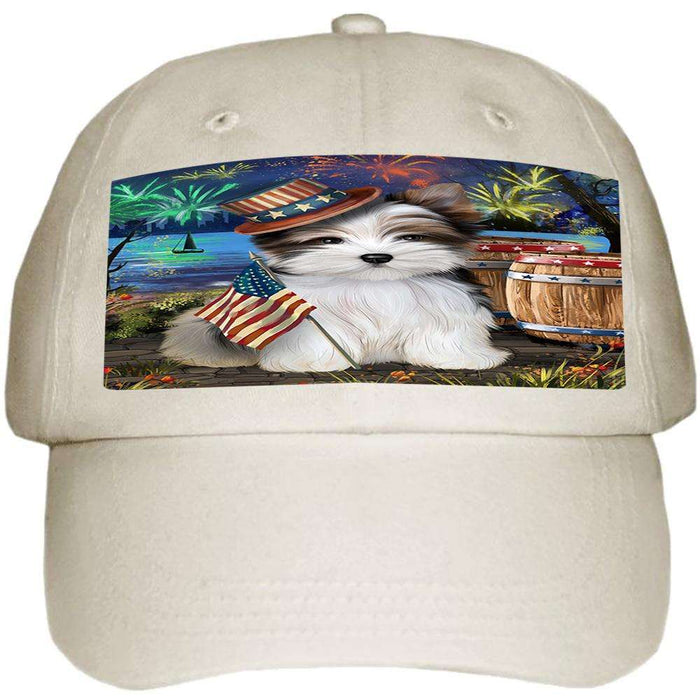 4th of July Independence Day Fireworks Biewer Terrier Dog at the Lake Ball Hat Cap HAT57015