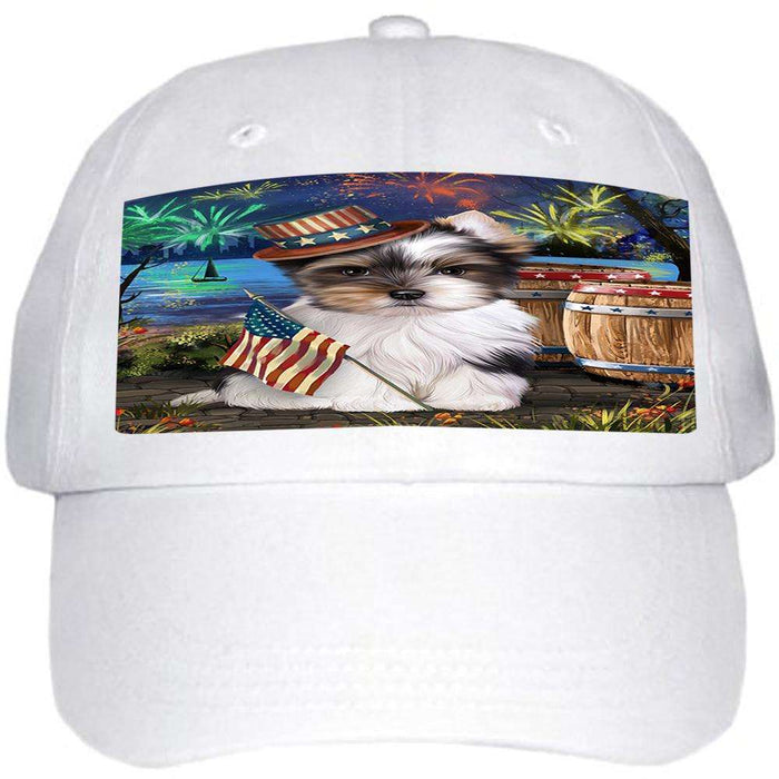 4th of July Independence Day Fireworks Biewer Terrier Dog at the Lake Ball Hat Cap HAT57018