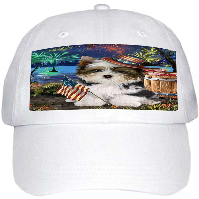 4th of July Independence Day Fireworks Biewer Terrier Dog at the Lake Ball Hat Cap HAT57024