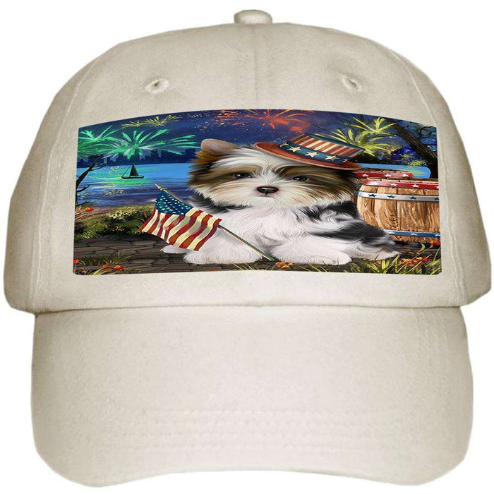 4th of July Independence Day Fireworks Biewer Terrier Dog at the Lake Ball Hat Cap HAT57024