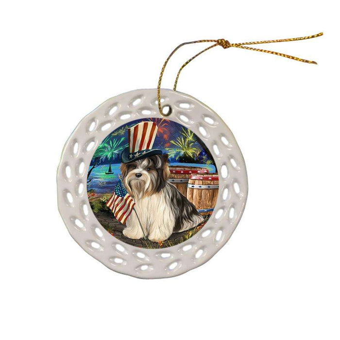 4th of July Independence Day Fireworks Biewer Terrier Dog at the Lake Ceramic Doily Ornament DPOR51093