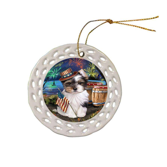 4th of July Independence Day Fireworks Biewer Terrier Dog at the Lake Ceramic Doily Ornament DPOR51095