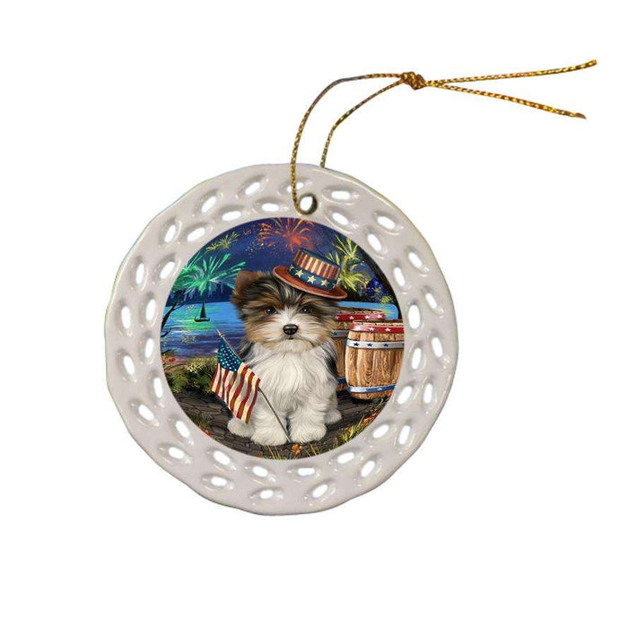 4th of July Independence Day Fireworks Biewer Terrier Dog at the Lake Ceramic Doily Ornament DPOR51096