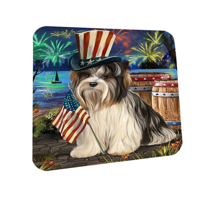 4th of July Independence Day Fireworks Biewer Terrier Dog at the Lake Coasters Set of 4 CST51052