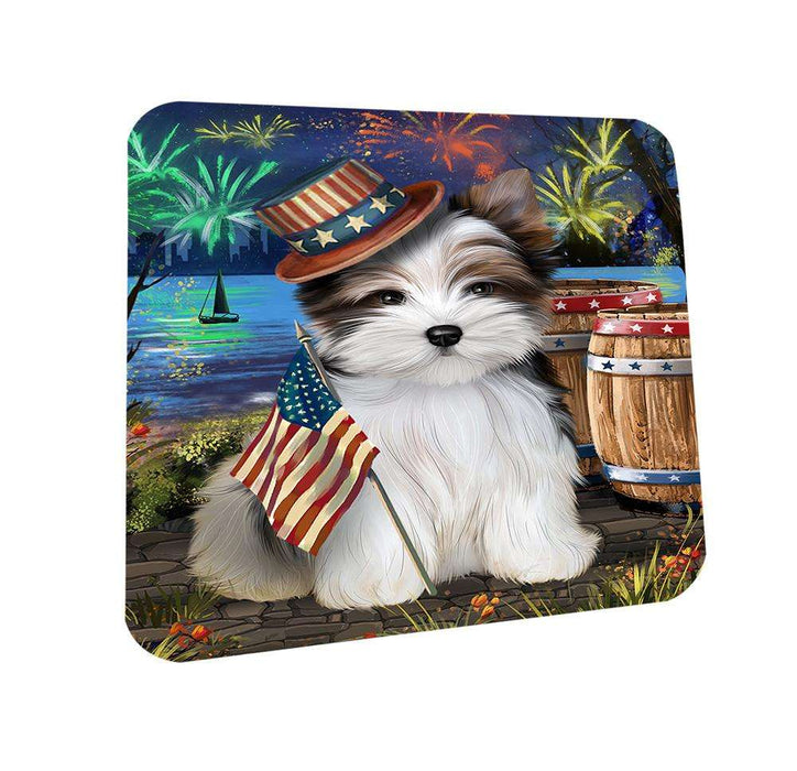 4th of July Independence Day Fireworks Biewer Terrier Dog at the Lake Coasters Set of 4 CST51053