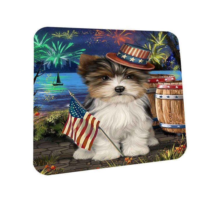 4th of July Independence Day Fireworks Biewer Terrier Dog at the Lake Coasters Set of 4 CST51055