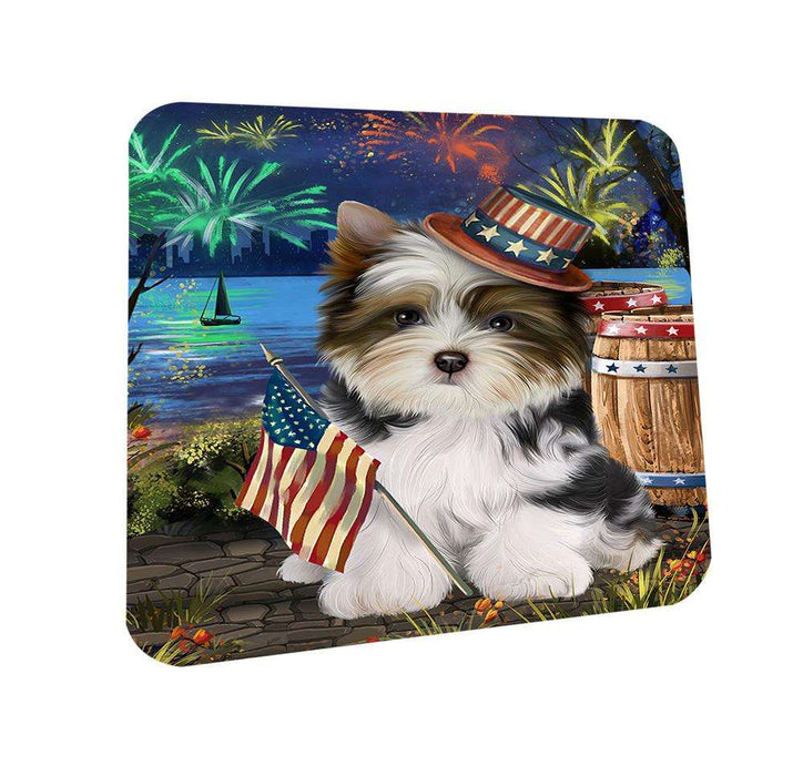 4th of July Independence Day Fireworks Biewer Terrier Dog at the Lake Coasters Set of 4 CST51056