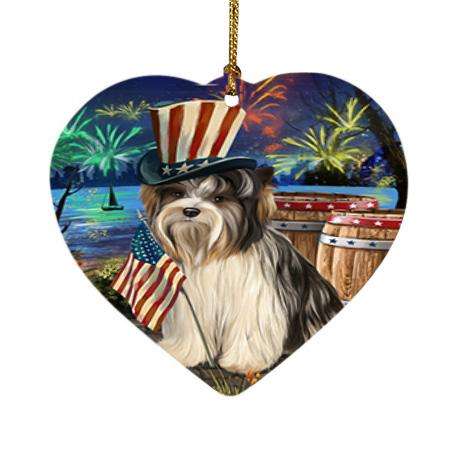 4th of July Independence Day Fireworks Biewer Terrier Dog at the Lake Heart Christmas Ornament HPOR51093