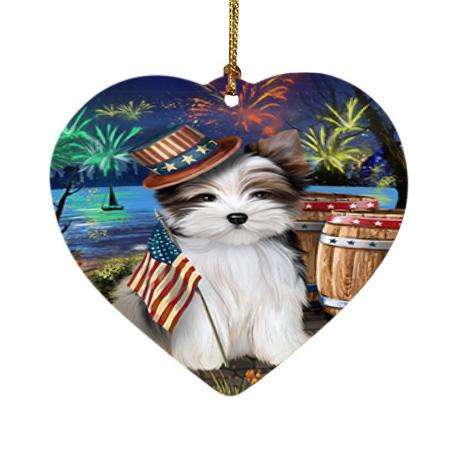 4th of July Independence Day Fireworks Biewer Terrier Dog at the Lake Heart Christmas Ornament HPOR51094