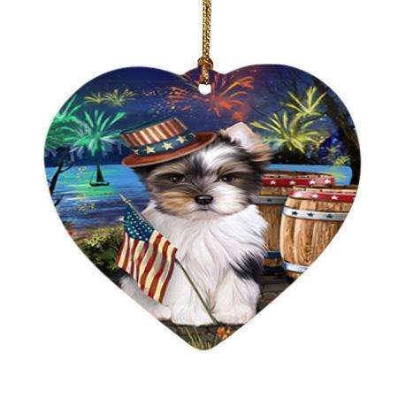 4th of July Independence Day Fireworks Biewer Terrier Dog at the Lake Heart Christmas Ornament HPOR51095