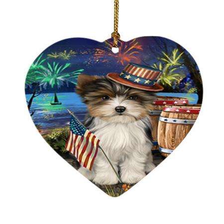 4th of July Independence Day Fireworks Biewer Terrier Dog at the Lake Heart Christmas Ornament HPOR51096