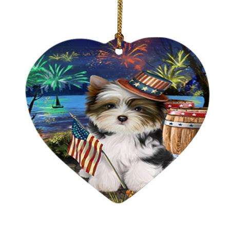 4th of July Independence Day Fireworks Biewer Terrier Dog at the Lake Heart Christmas Ornament HPOR51097
