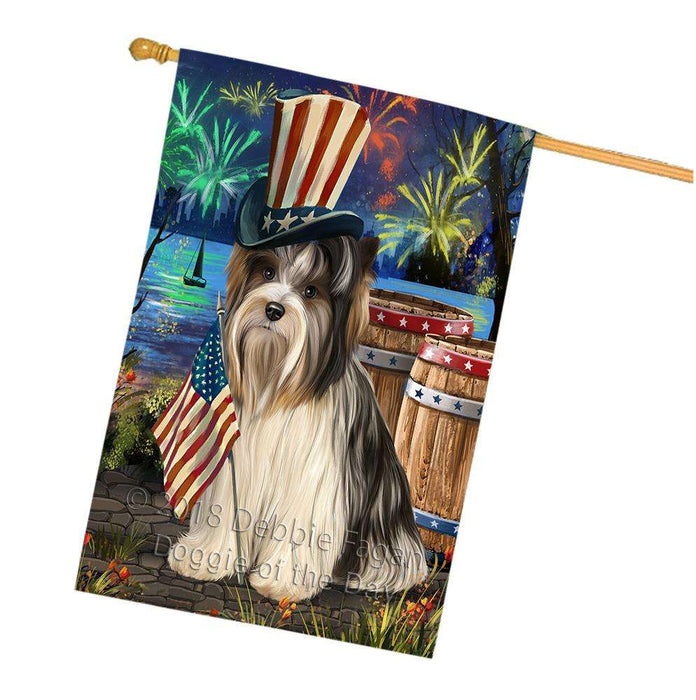 4th of July Independence Day Fireworks Biewer Terrier Dog at the Lake House Flag FLG51151