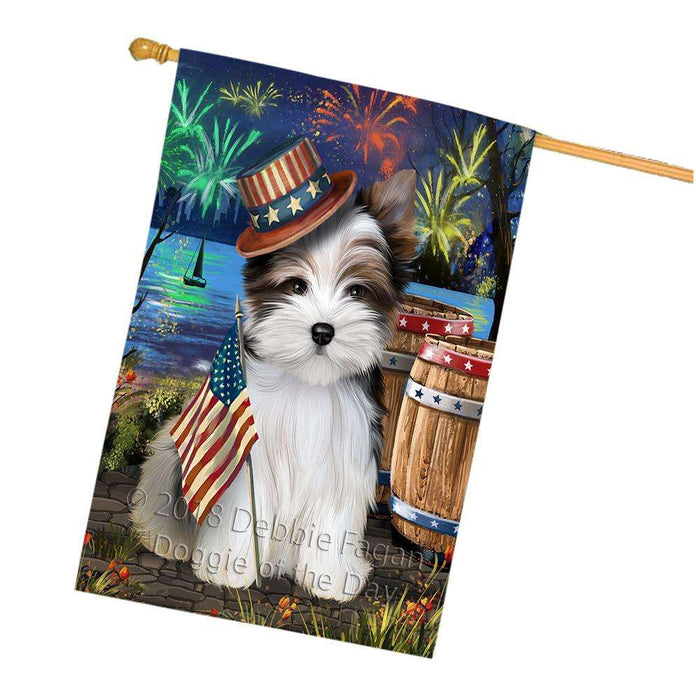 4th of July Independence Day Fireworks Biewer Terrier Dog at the Lake House Flag FLG51152