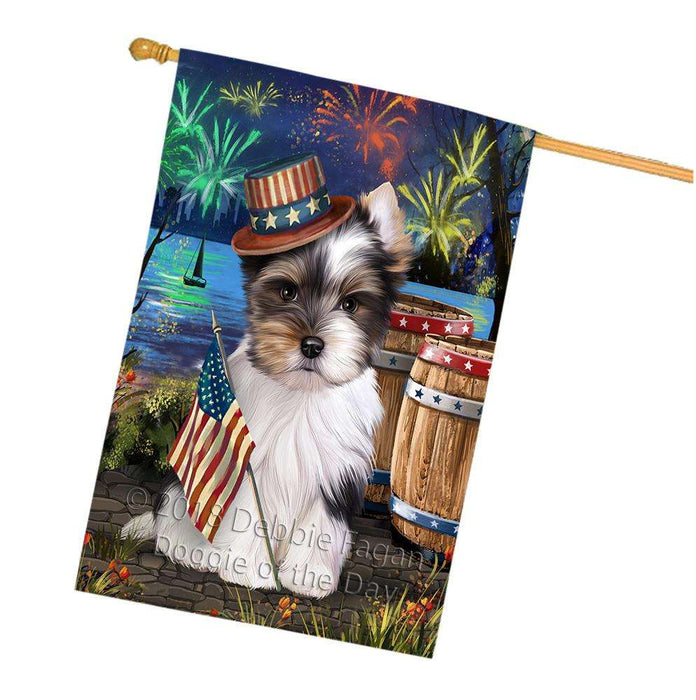 4th of July Independence Day Fireworks Biewer Terrier Dog at the Lake House Flag FLG51153