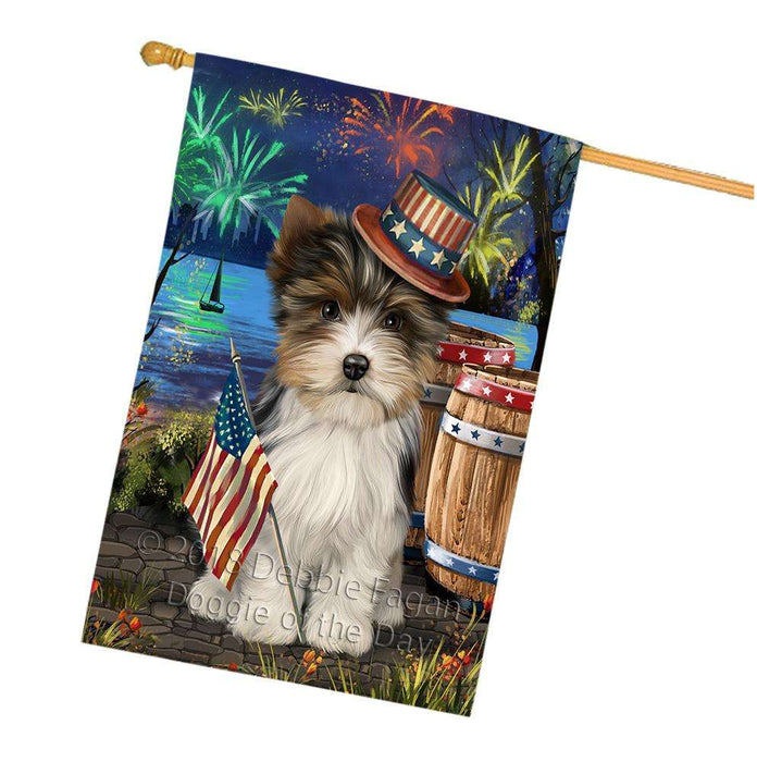 4th of July Independence Day Fireworks Biewer Terrier Dog at the Lake House Flag FLG51154