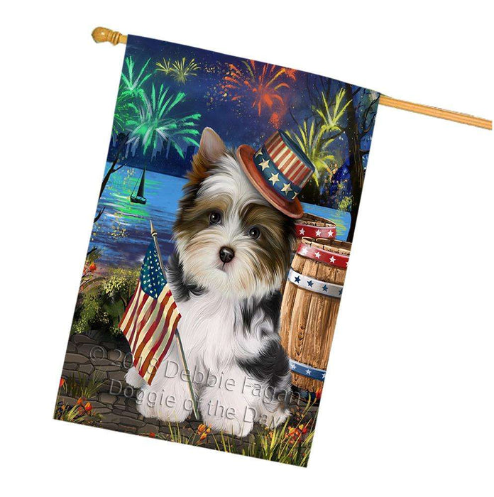 4th of July Independence Day Fireworks Biewer Terrier Dog at the Lake House Flag FLG51155