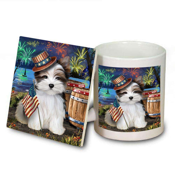 4th of July Independence Day Fireworks Biewer Terrier Dog at the Lake Mug and Coaster Set MUC51086