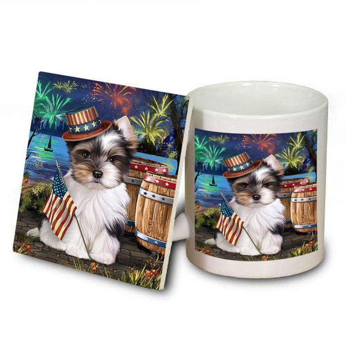 4th of July Independence Day Fireworks Biewer Terrier Dog at the Lake Mug and Coaster Set MUC51087