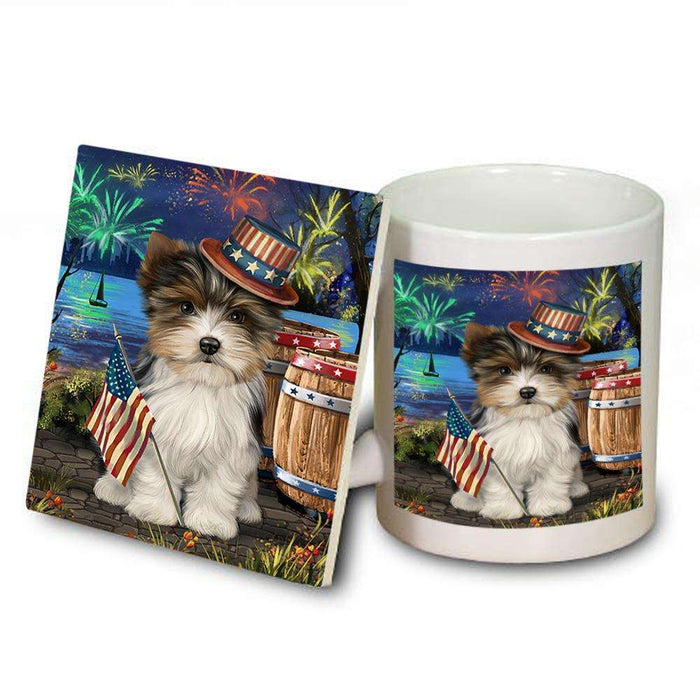 4th of July Independence Day Fireworks Biewer Terrier Dog at the Lake Mug and Coaster Set MUC51088