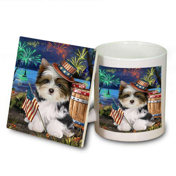 4th of July Independence Day Fireworks Biewer Terrier Dog at the Lake Mug and Coaster Set MUC51089