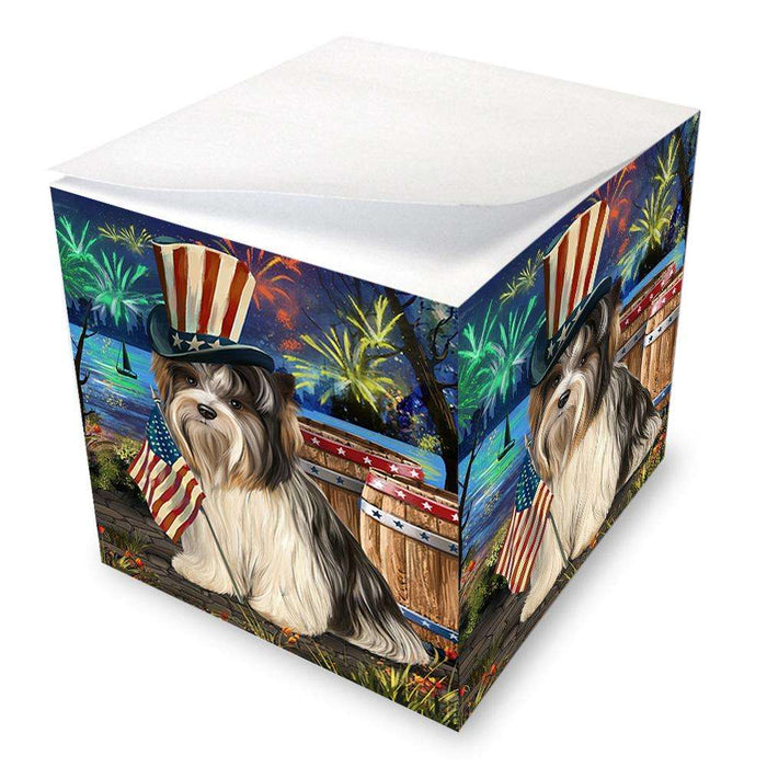 4th of July Independence Day Fireworks Biewer Terrier Dog at the Lake Note Cube NOC51093