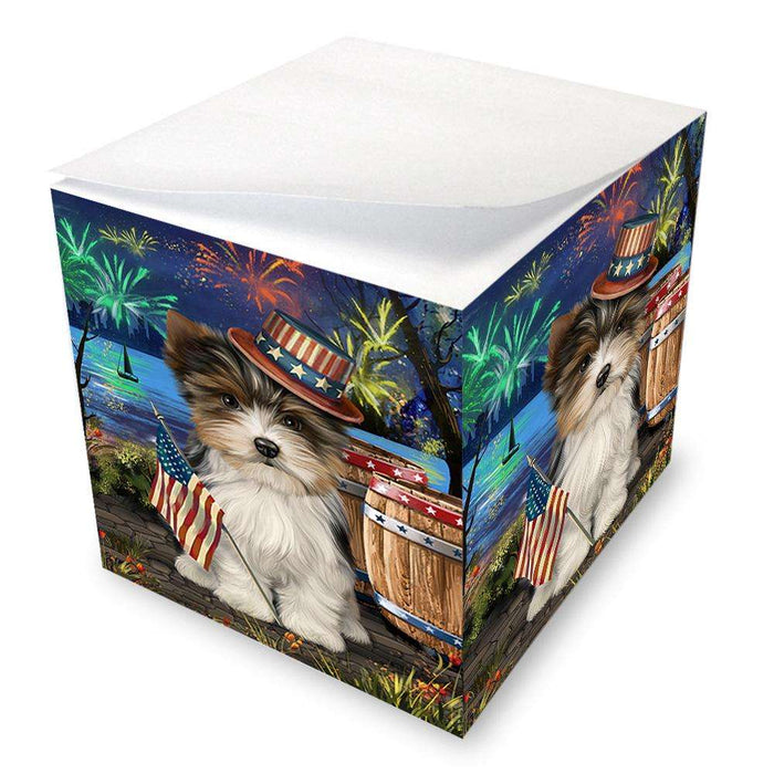 4th of July Independence Day Fireworks Biewer Terrier Dog at the Lake Note Cube NOC51096
