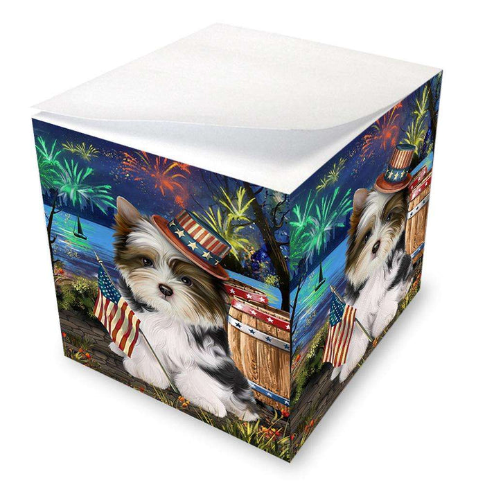 4th of July Independence Day Fireworks Biewer Terrier Dog at the Lake Note Cube NOC51097
