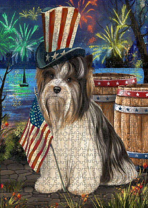 4th of July Independence Day Fireworks Biewer Terrier Dog at the Lake Puzzle with Photo Tin PUZL57141