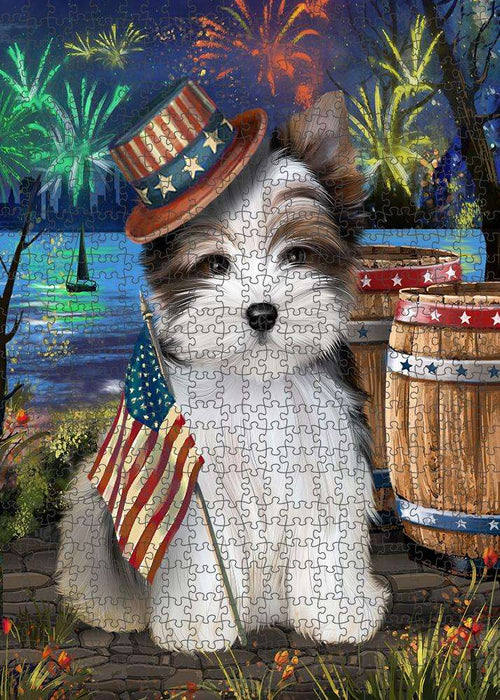 4th of July Independence Day Fireworks Biewer Terrier Dog at the Lake Puzzle with Photo Tin PUZL57144