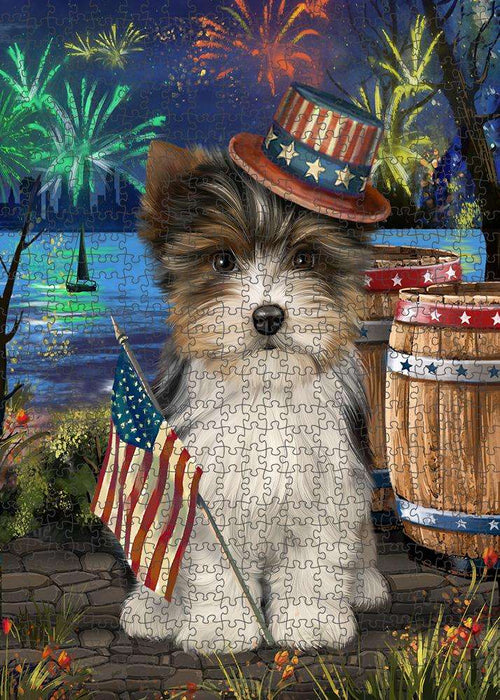 4th of July Independence Day Fireworks Biewer Terrier Dog at the Lake Puzzle with Photo Tin PUZL57150