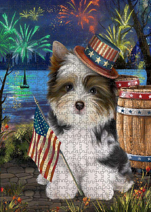 4th of July Independence Day Fireworks Biewer Terrier Dog at the Lake Puzzle with Photo Tin PUZL57153