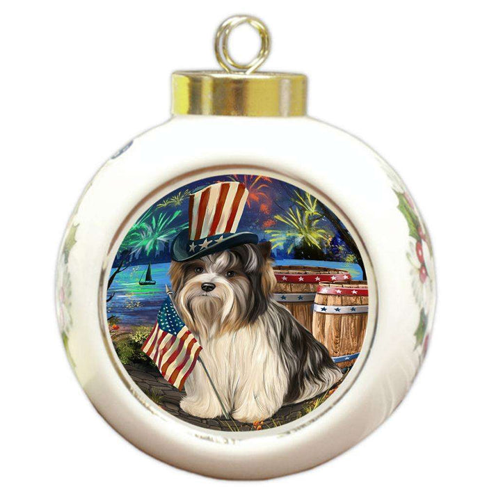 4th of July Independence Day Fireworks Biewer Terrier Dog at the Lake Round Ball Christmas Ornament RBPOR51093
