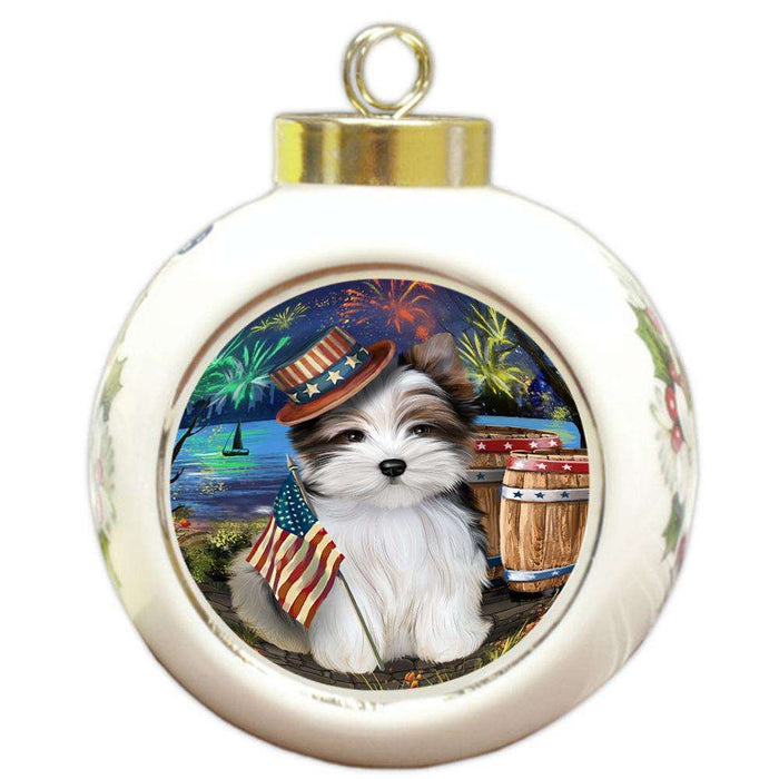 4th of July Independence Day Fireworks Biewer Terrier Dog at the Lake Round Ball Christmas Ornament RBPOR51094