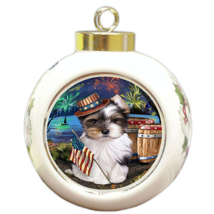 4th of July Independence Day Fireworks Biewer Terrier Dog at the Lake Round Ball Christmas Ornament RBPOR51095