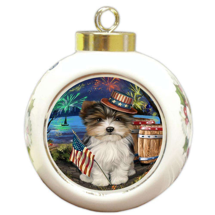 4th of July Independence Day Fireworks Biewer Terrier Dog at the Lake Round Ball Christmas Ornament RBPOR51096